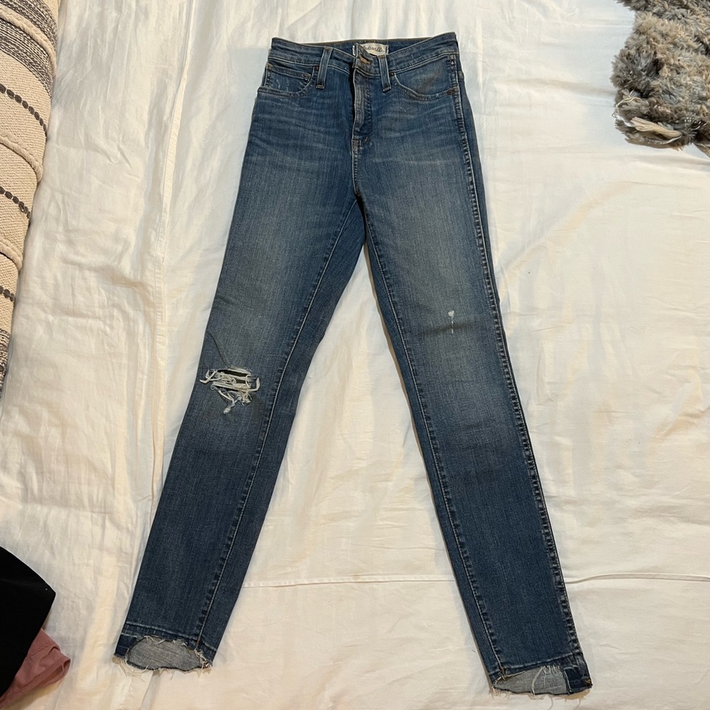 Madewell jeans, curvy high rise skinny with raw hem edge!